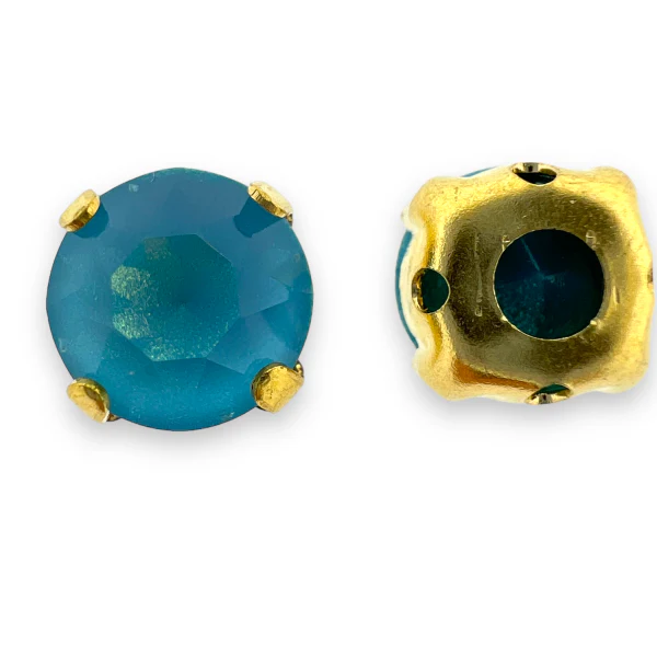 Glas rhinestone facetkraal zeeblauw/gold plated 10x6,5mm