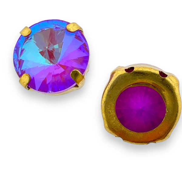 Glas rhinestone groot paars/gold plated 13x7mm