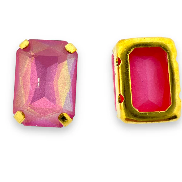 Glas rhinestone rechthoek roze/gold plated 14x10mm