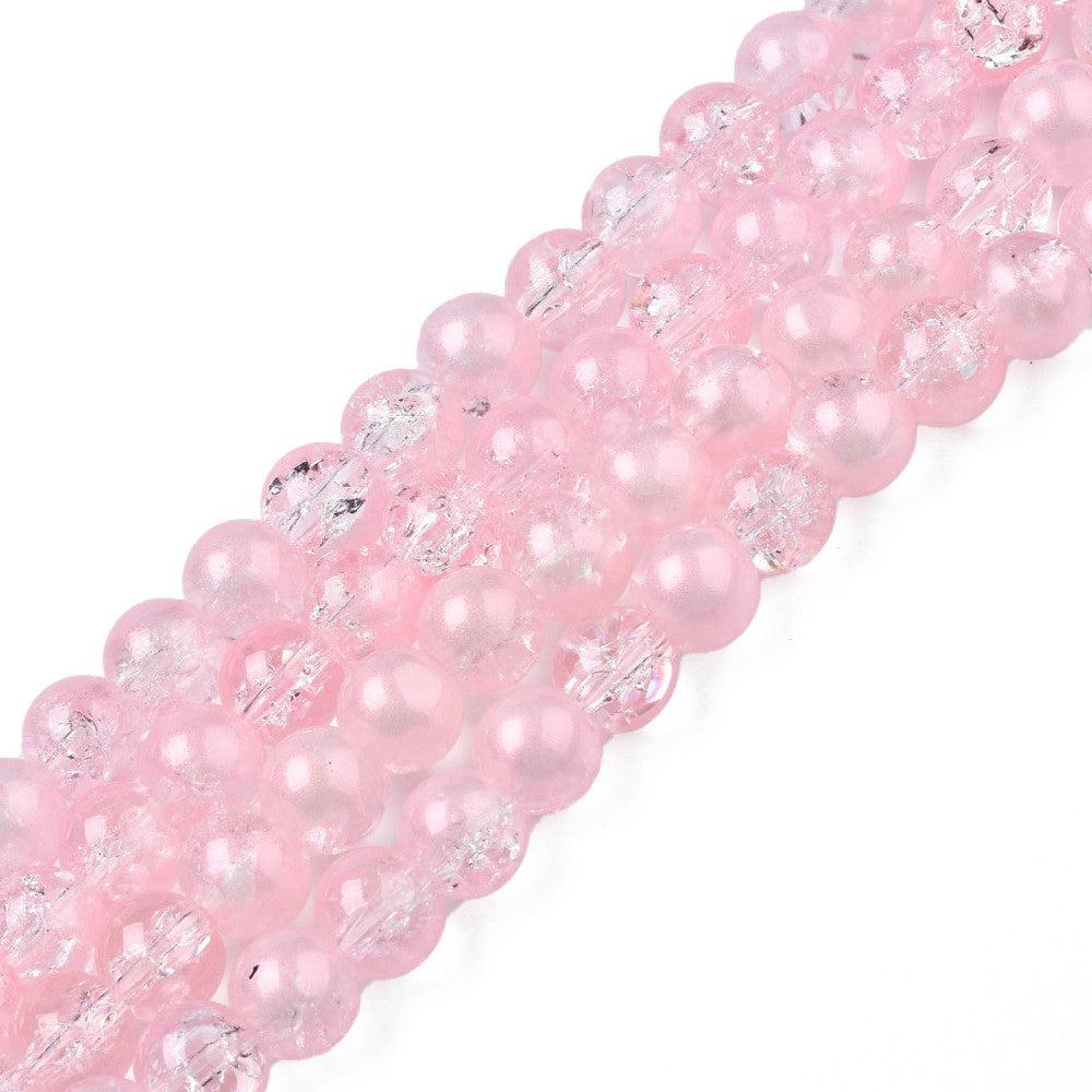 Glaskraal crackle glitter 8mm light pink- per ±50
