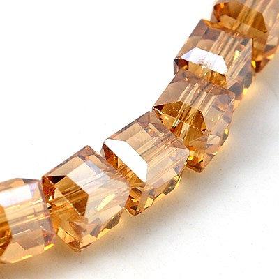 Glaskraal facet Cube 7mm Koper Rainbow plated - per 4 stuks