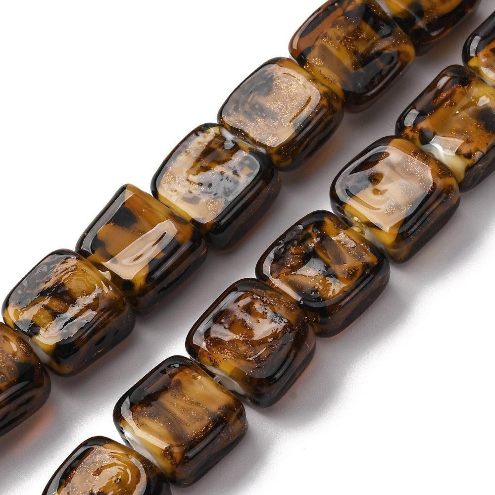 Glaskraal lampwork vierkant luipaard glitter 12,5mm - per stuk