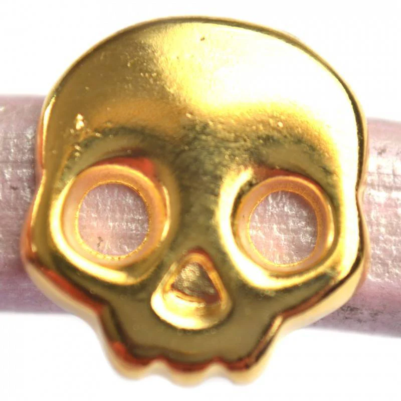 Leerschuiver Ø10x6mm skull metaal goud DQ 17mm