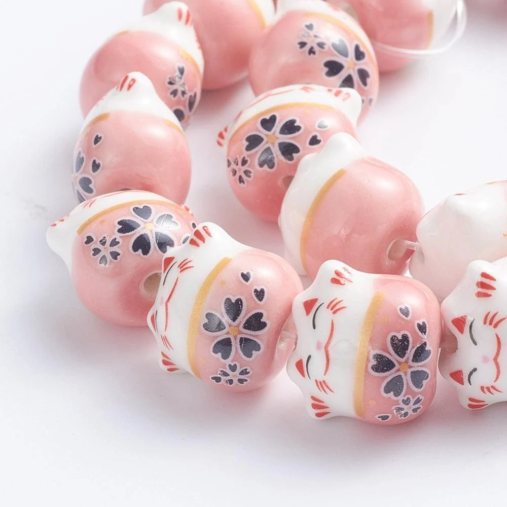 Keramiek kraal Lucky Cat Roze 14mm- per stuk - Image 2