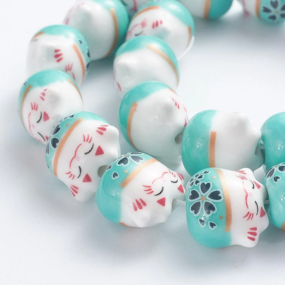 Keramiek kraal Lucky Cat Turquoise 14mm- per stuk - Image 2