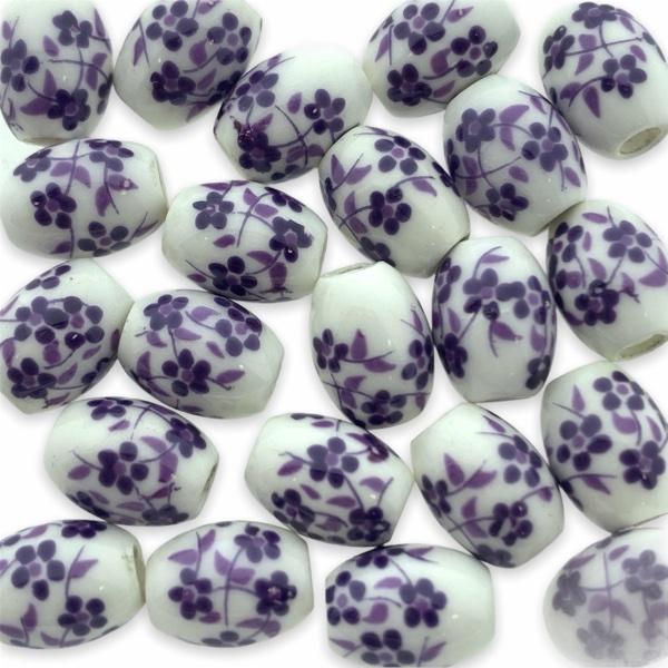 Keramiek kraal tube ovaal flower paars (ø2mm) 10,5x8mm