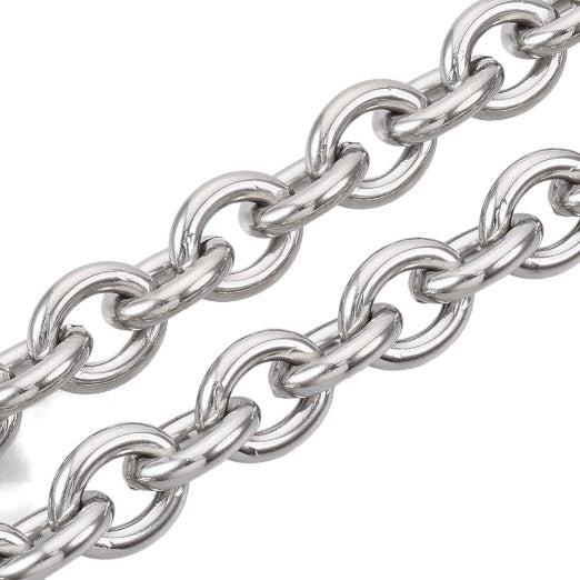 Ketting unwelded oval RVS zilver 12x10x2,5mm- per 10 cm