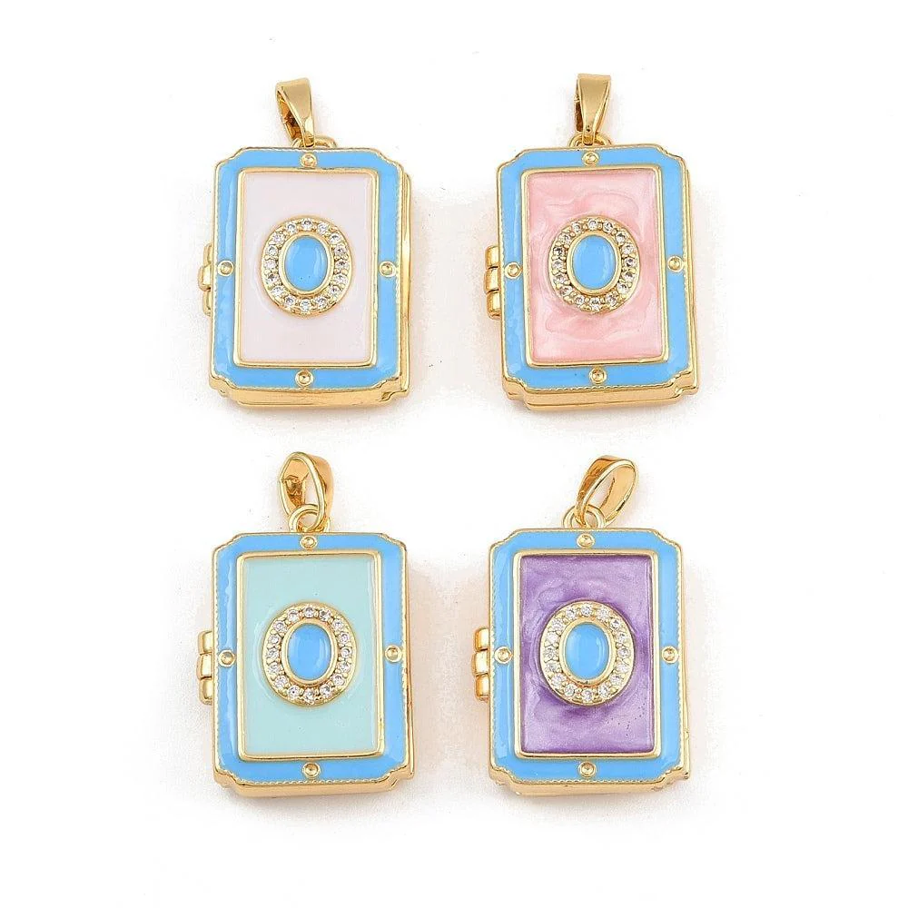 Bedel Hanger Locket Rechthoek Zirkonia & Emaille met 18K Goud Plating 22mm – per stuk