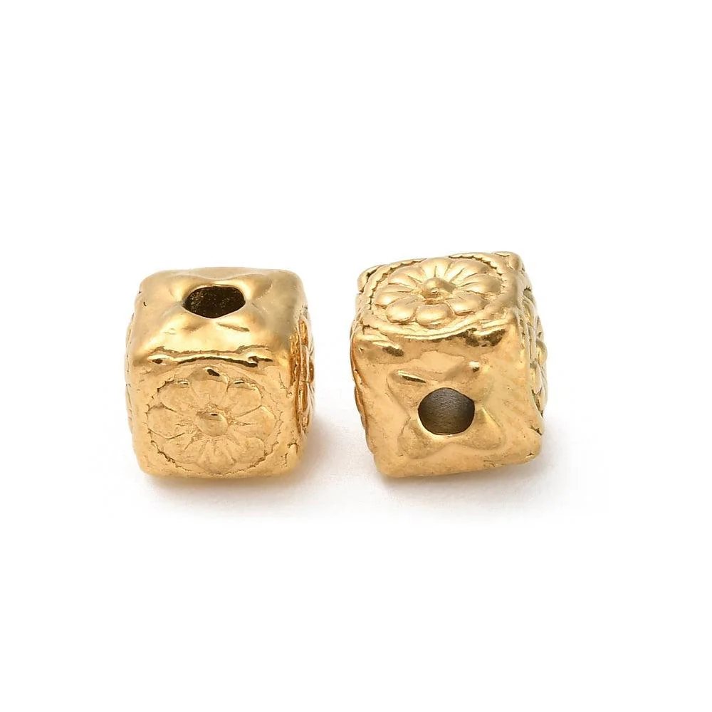 Kraal kubus bloem RVS premium 18K goud 6mm - per stuk - Image 2