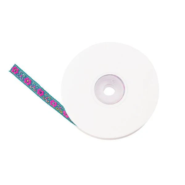 Lint bloemetjes Blue-pink - 1 meter
