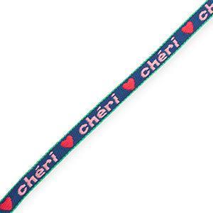 Lint met tekst 'CHERI' blauw / roze / rood / groen - per meter