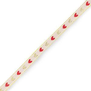 Lint met tekst hartjes Pale pink-gold red - per meter