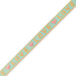 Lint met tekst "love" Blue-coral pink - 1 meter