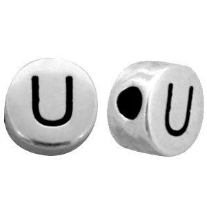 Metallook letterkralen letter U Antiek zilver 7mm -10 stuks