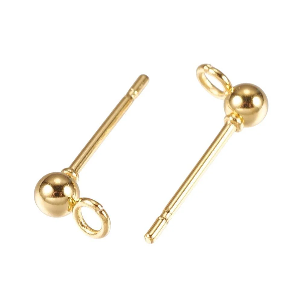 Oorbelstekers bolletje 3mm + achterkantjes 18K RVS goud 14mm - per paar
