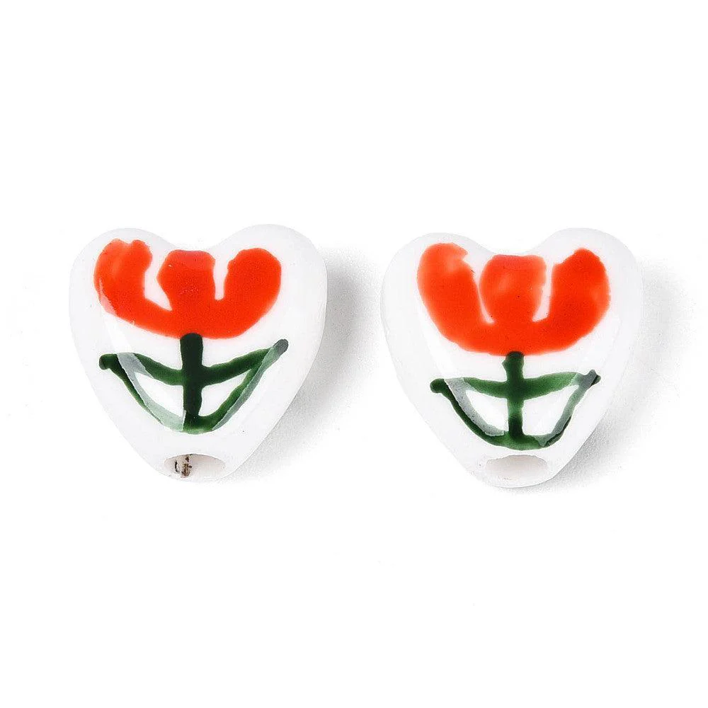Porseleinen Kralen Hart Bloem Oranjerood 15mm - per stuk - Image 2