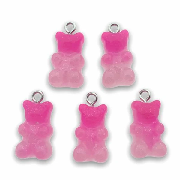 Resin hanger Gummy bear roze-zilver 21x11mm - 5 stuks