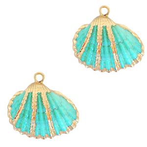 Schelp hanger Kokkel Gold-Turquoise blue ±20x22mm