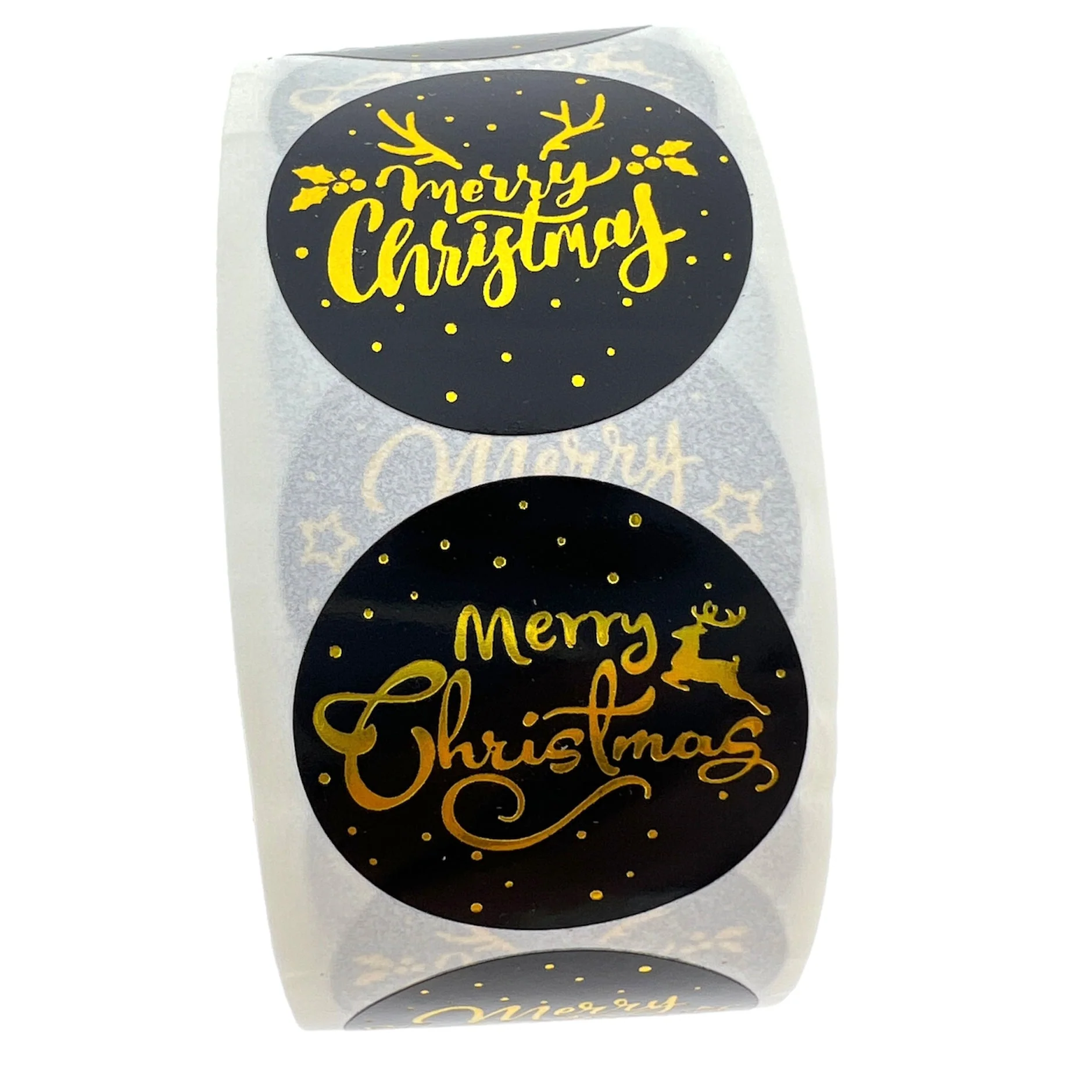Stickers 'merry christmas' zwart goud 25mm - per rol