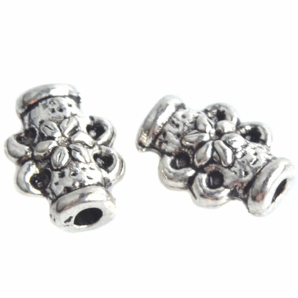 Kraal buisje met bloem Zilver 8x6mm - 25 stuks
