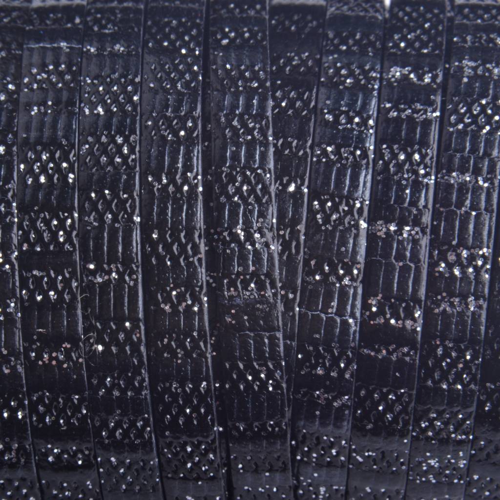 Plat italian leer zwart zilver streepjes 5x1.5mm - prijs per cm